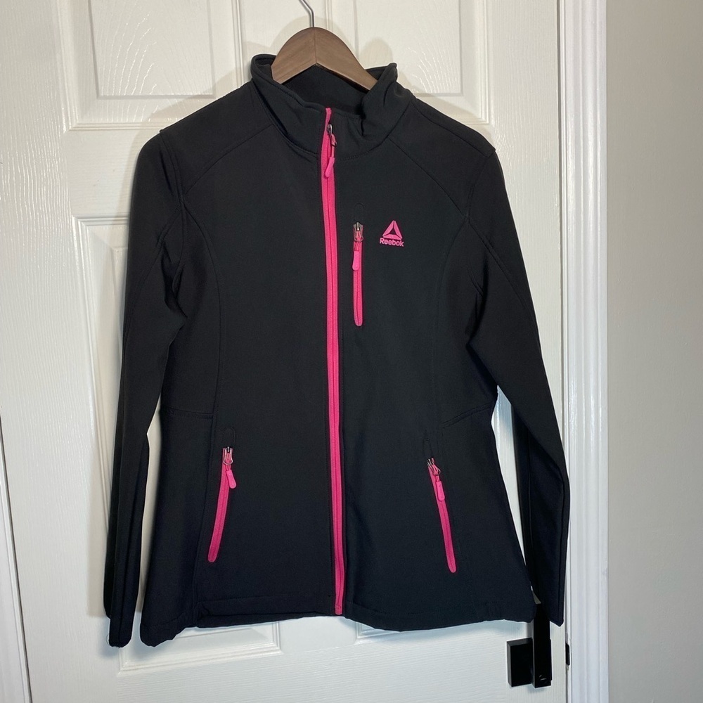 Reebok Women’s Softshell Jacket L Black Pink Full Zip Athletic Running Coat - Picture 2 of 11